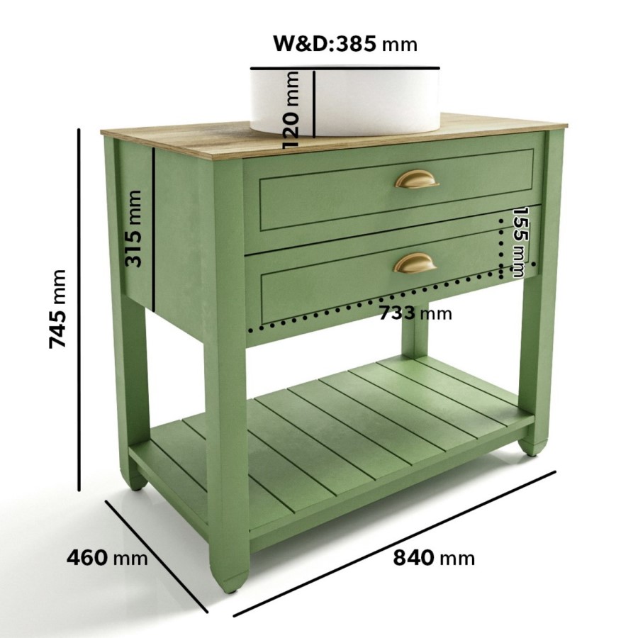 850mm Green Traditional Freestanding Vanity Unit with Basin and Brass Handles - Kentmere