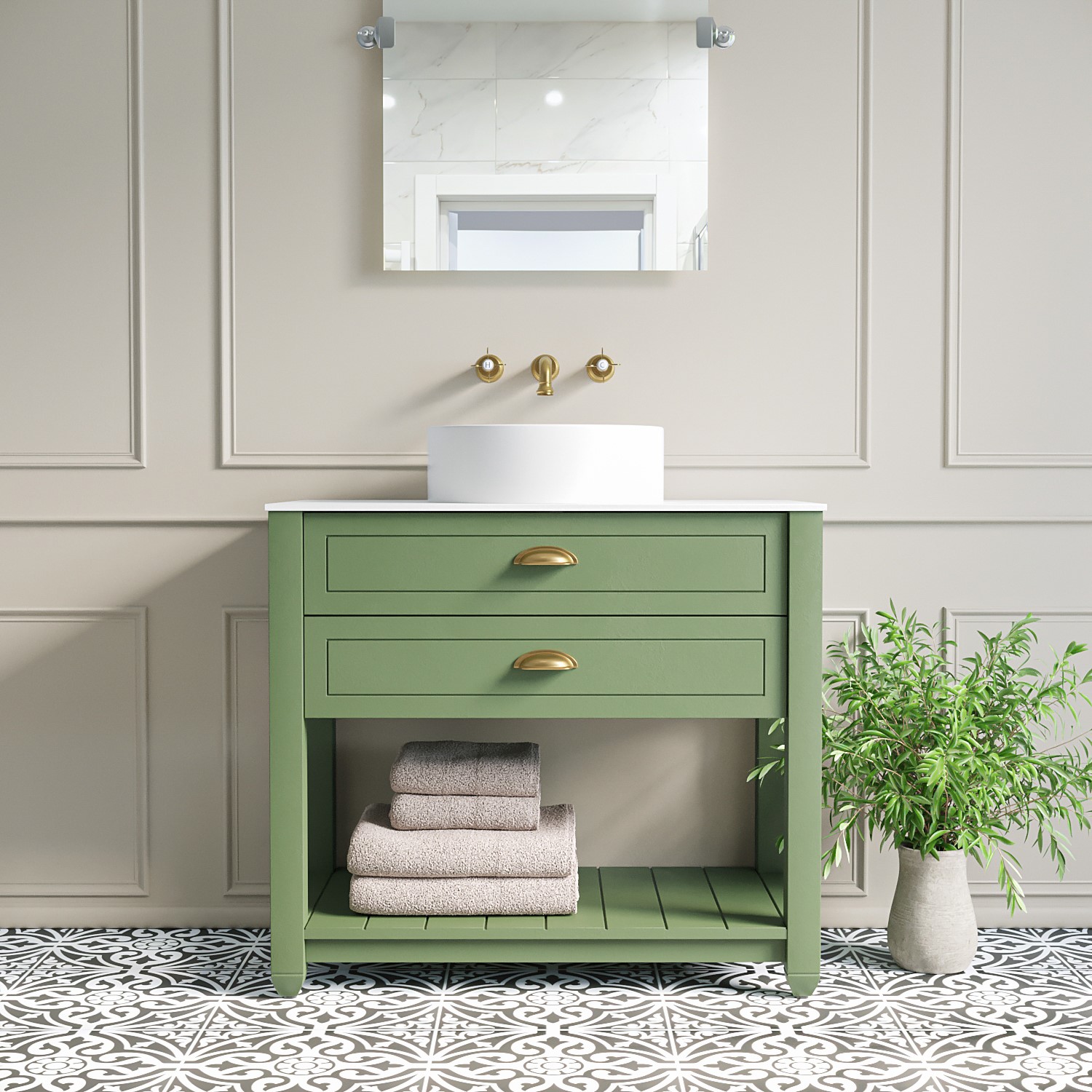 850mm Green Traditional Freestanding Vanity Unit with Brass Handles - Kentmere