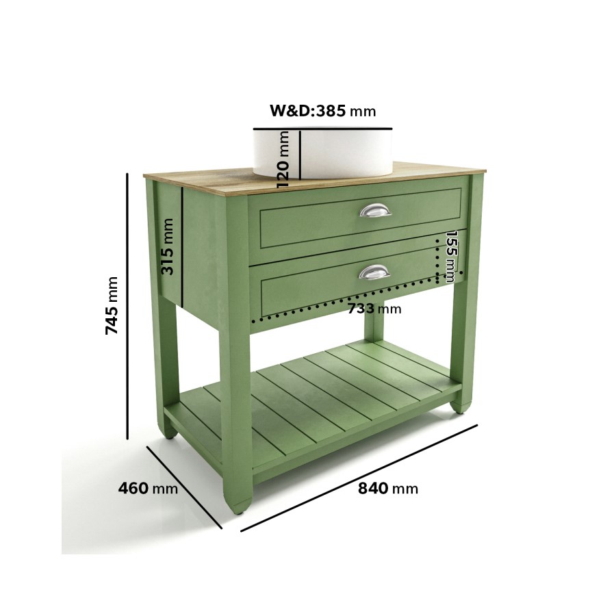 850mm Green Traditional Freestanding Vanity Unit with Wood Effect Top and Chrome Handles - Kentmere