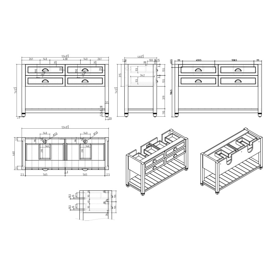 1250mm White Traditional Freestanding Vanity Unit with Black Handles - Kentmere