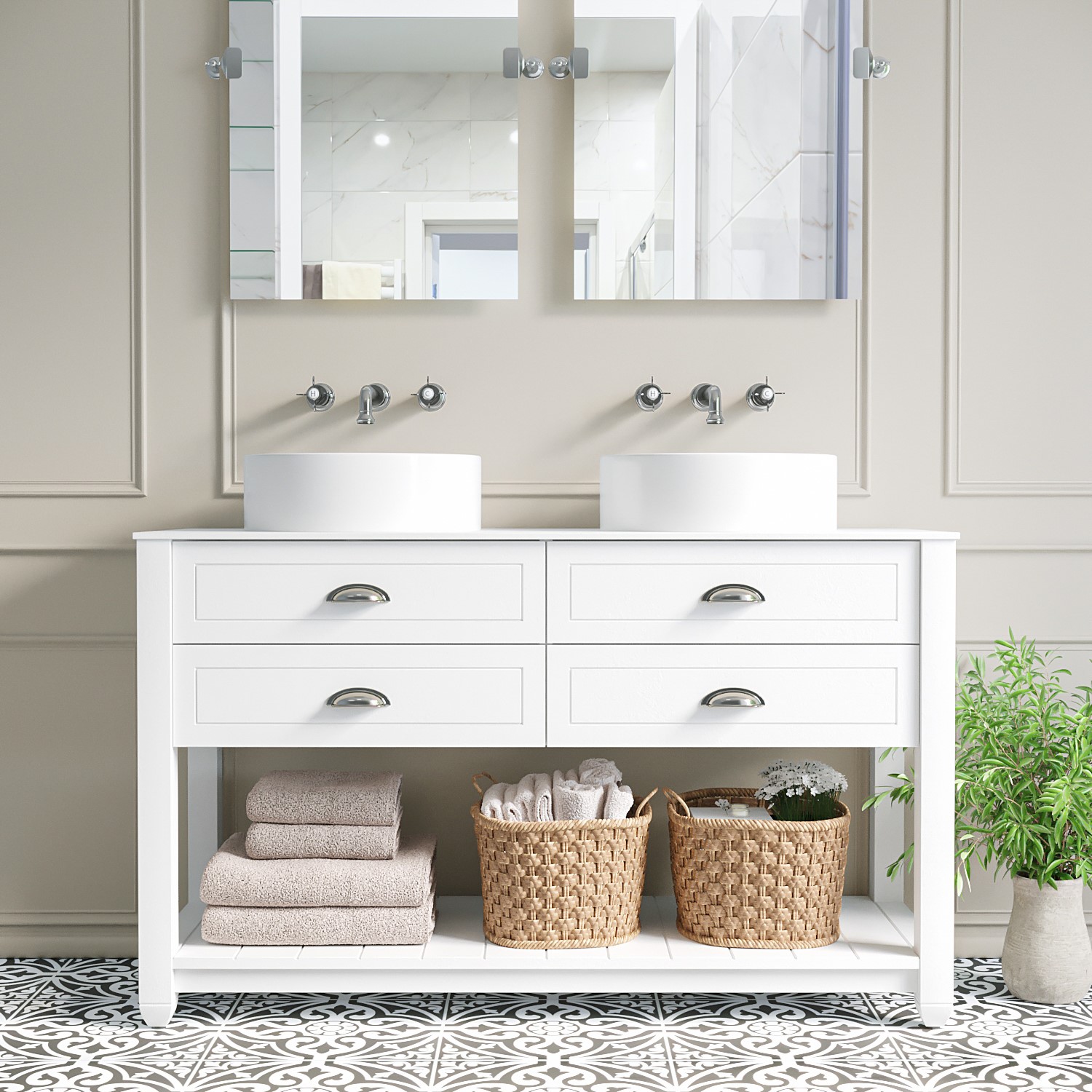 1250mm White Traditional Freestanding Vanity Unit with Chrome Handles 