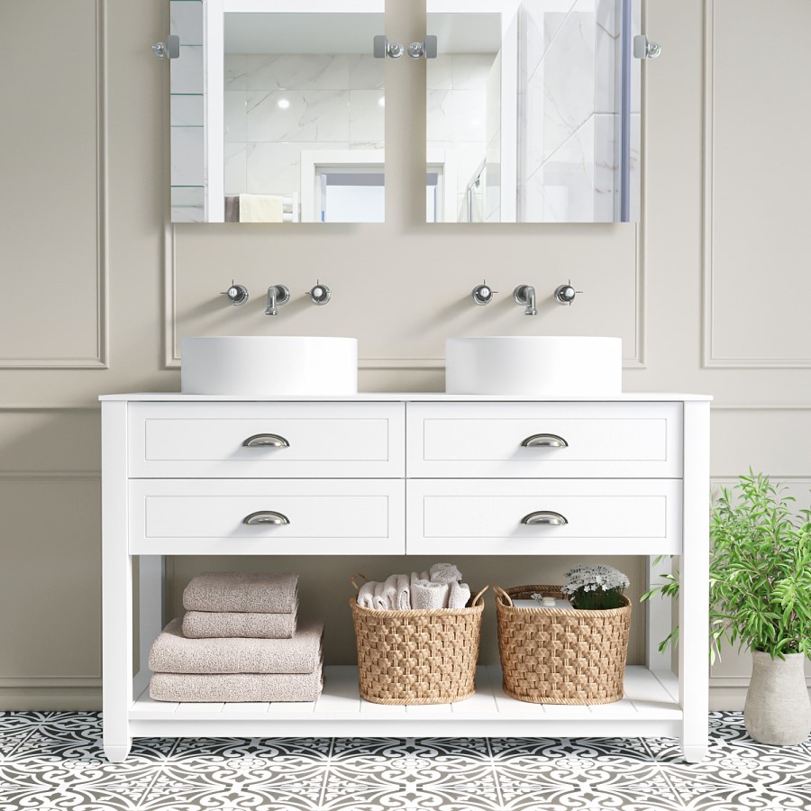 1250mm White Traditional Freestanding Vanity Unit with Basins and Chrome Handles - Kentmere