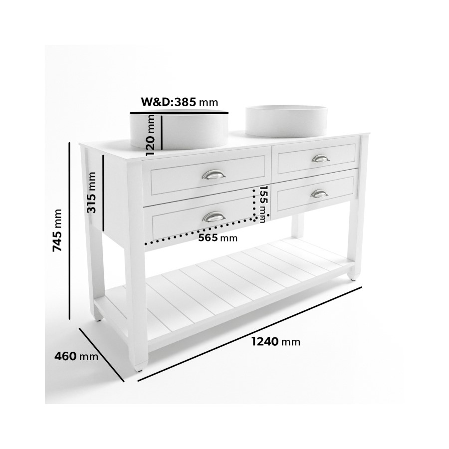 1250mm White Traditional Freestanding Vanity Unit with Basins and Chrome Handles - Kentmere