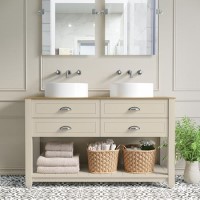 1250mm Beige Traditional Freestanding Vanity Unit with Wood Effect Top and Chrome Handles  - Kentmere