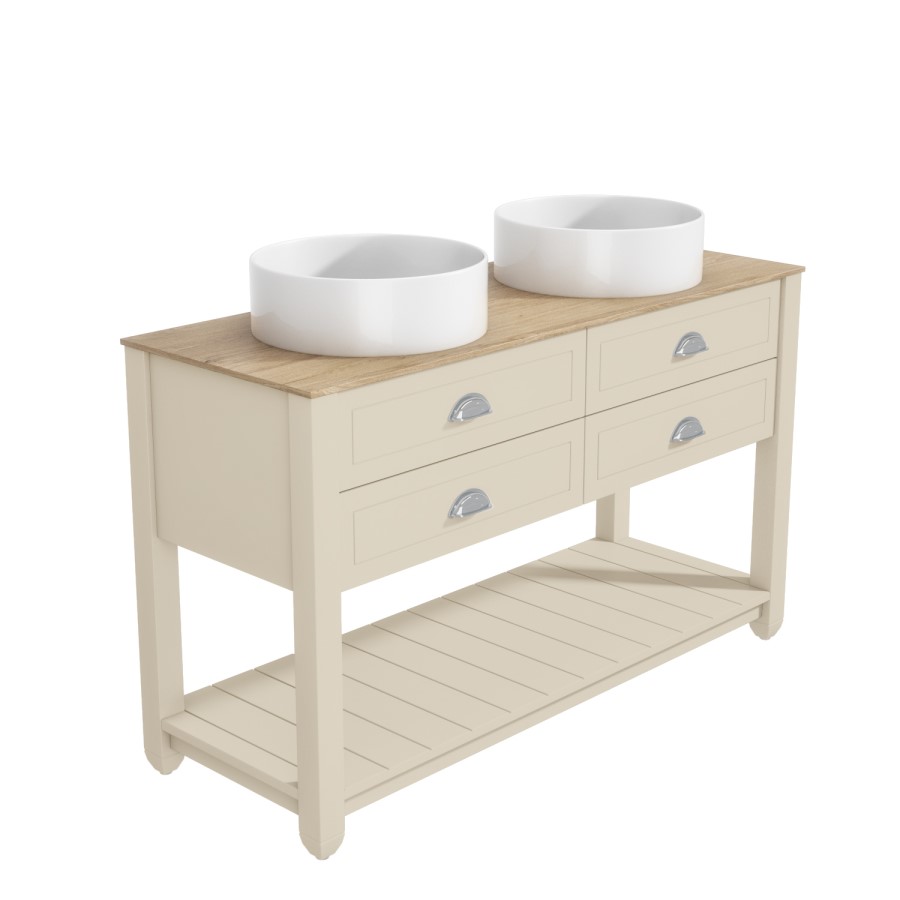 1250mm Beige Traditional Freestanding Vanity Unit with Wood Effect Top and Chrome Handles  - Kentmere