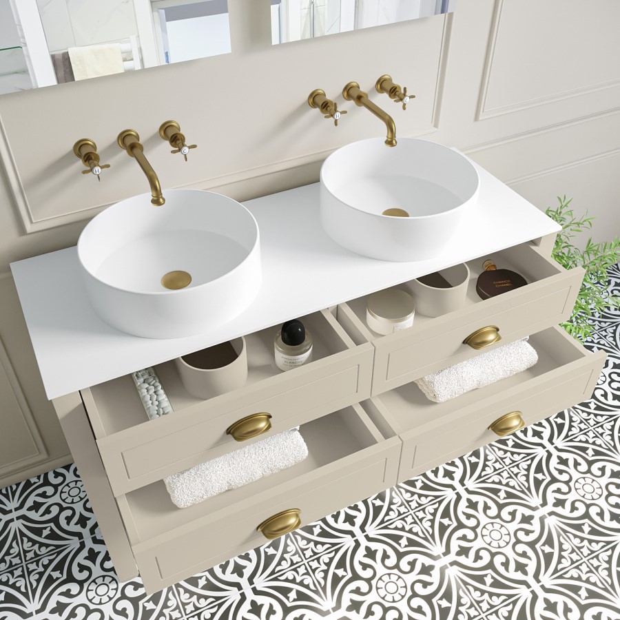 1250mm Beige Traditional Freestanding Vanity Unit with Brass Handles - Kentmere
