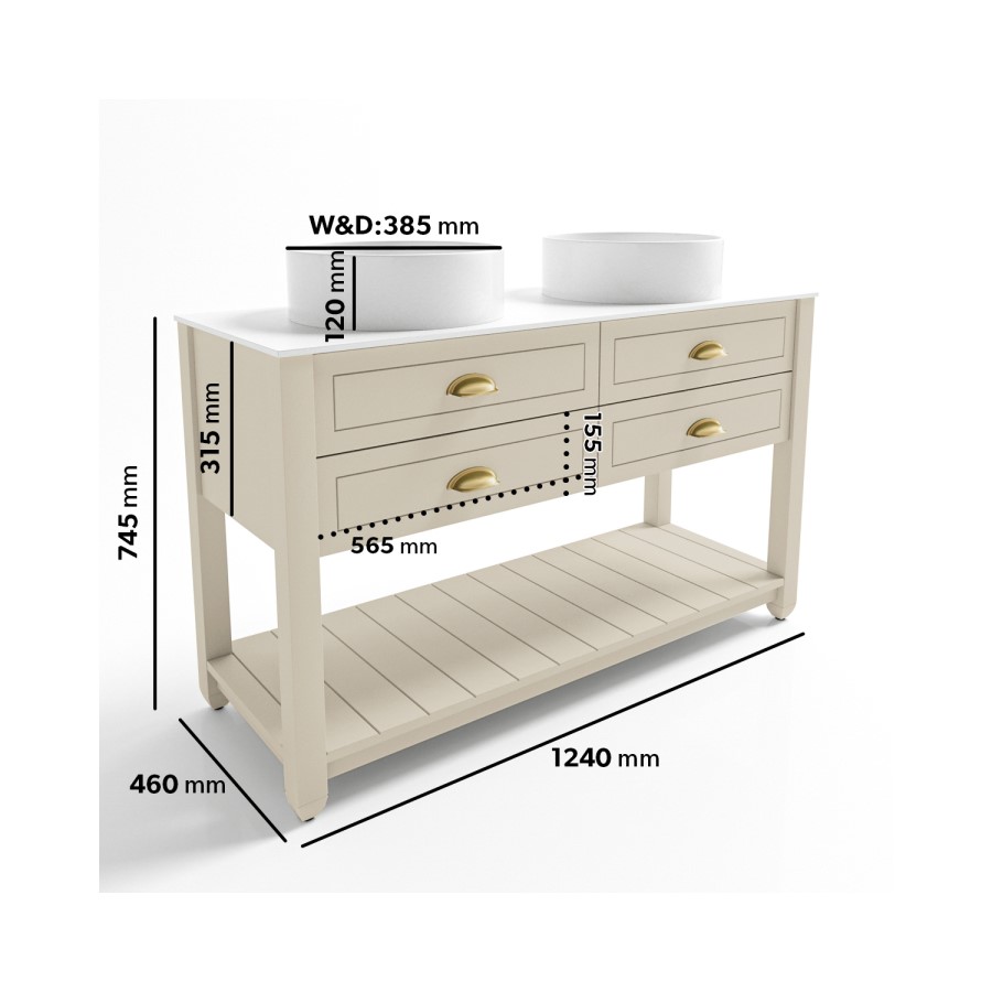 1250mm Beige Traditional Freestanding Vanity Unit with Brass Handles - Kentmere