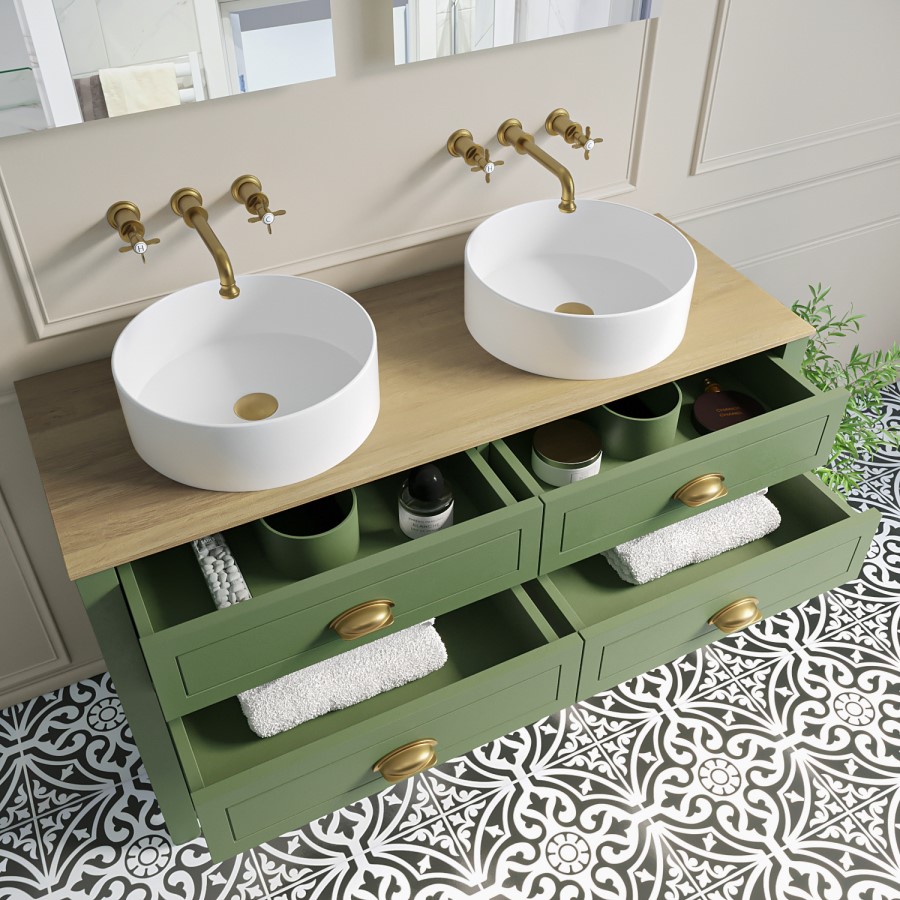 1250mm Green Traditional Freestanding Vanity Unit with Basins and Brushed Brass Handles - Kentmere