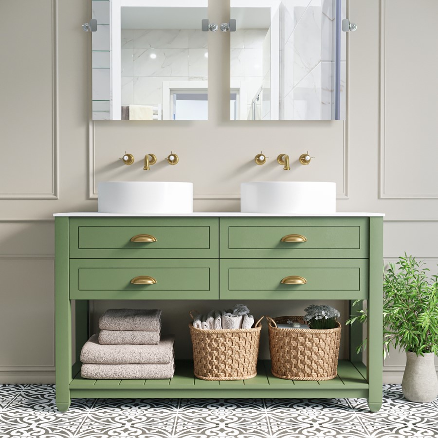 1250mm Green Traditional Freestanding Vanity Unit with Basins and Brass Handles - Kentmere