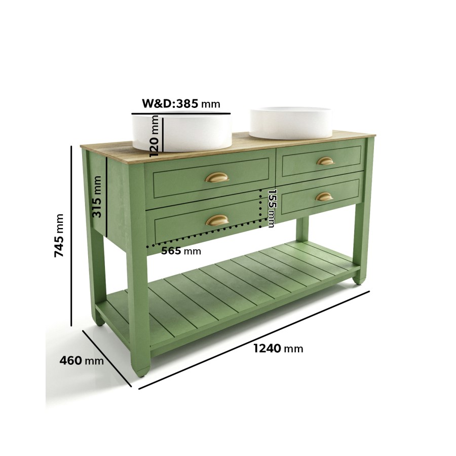 1250mm Green Traditional Freestanding Vanity Unit with Basins and Brass Handles - Kentmere