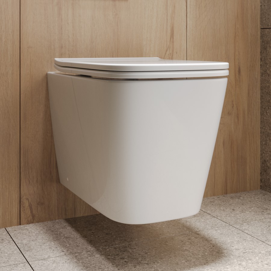 Wall Hung Toilet with Soft Close Seat, Pneumatic Brushed Brass Flush Plate, 820mm Frame & Cistern - Albi