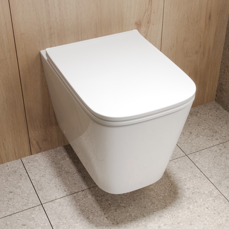 Wall Hung Toilet with Soft Close Seat, Pneumatic Brushed Brass Flush Plate, 820mm Frame & Cistern - Albi