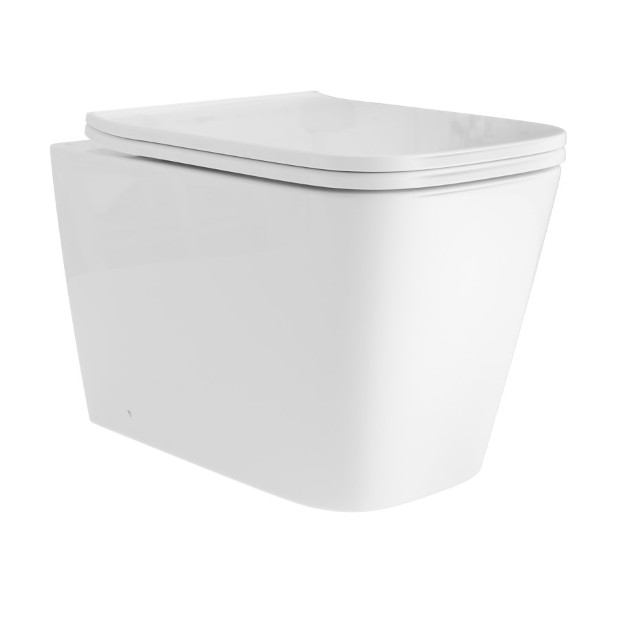 Wall Hung Toilet with Soft Close Seat, Pneumatic Brushed Brass Flush Plate, 820mm Frame & Cistern - Albi