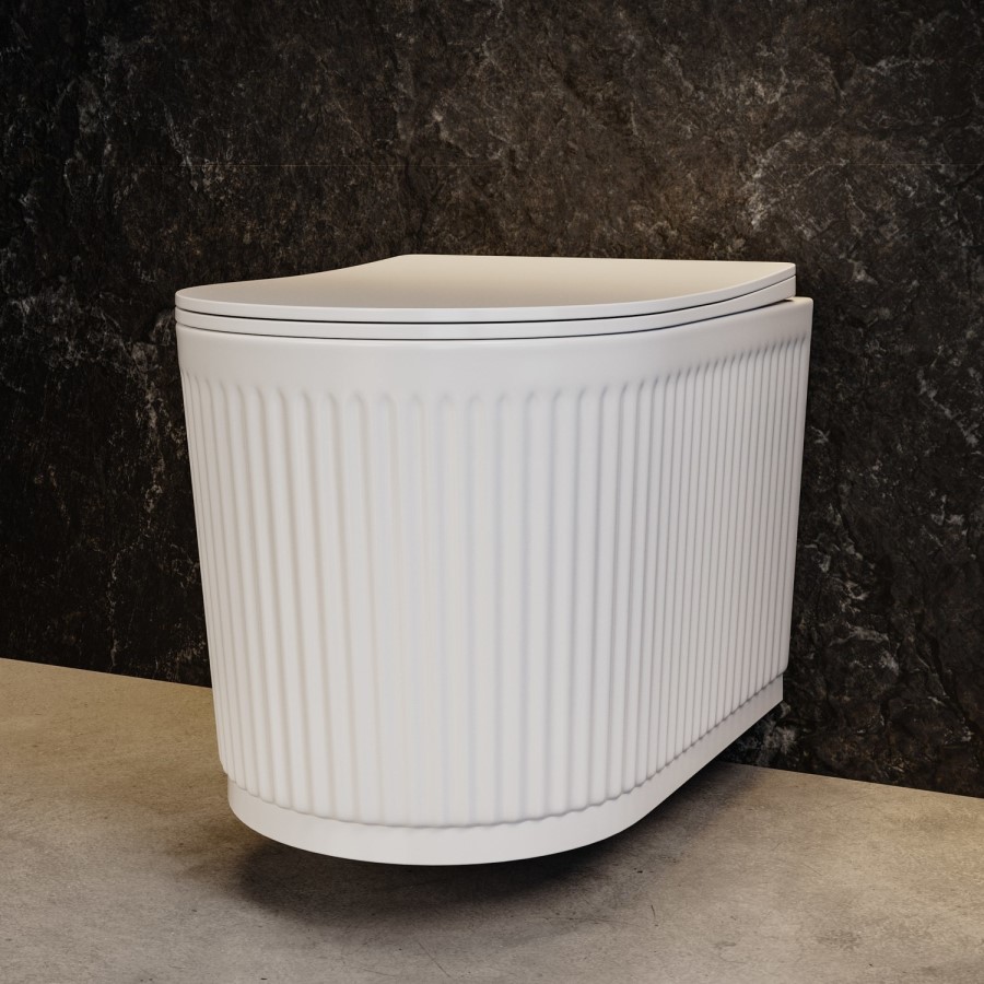 Fluted Wall Hung Rimless Toilet with Soft Close Seat, Chrome Pneumatic Flush Plate, 820mm Frame & Cistern – Oregon
