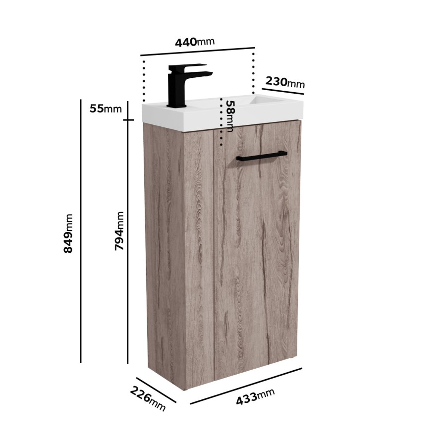 430mm Wood Effect Cloakroom Freestanding Vanity Unit with Basin and Black Handle - Virgo 