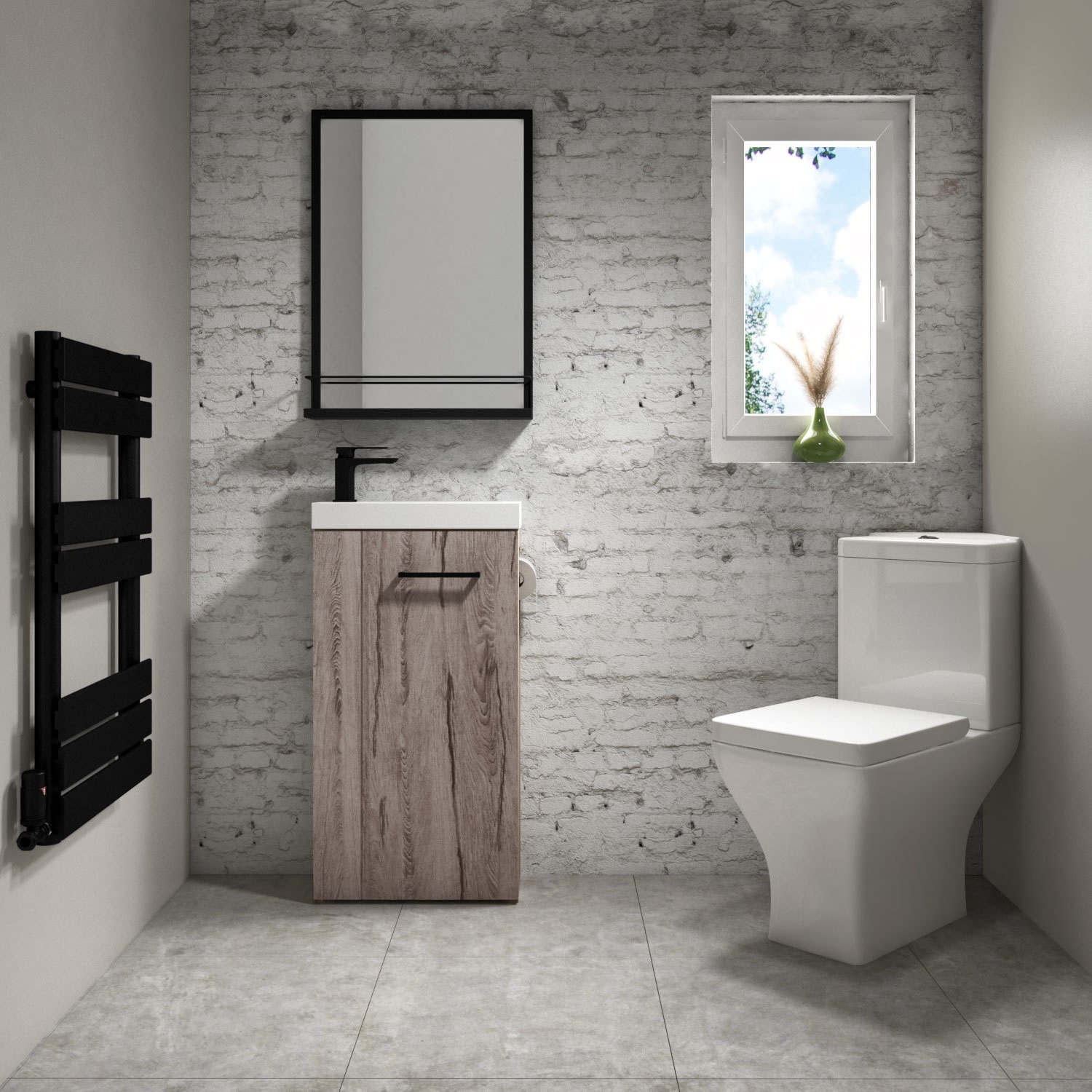 Cloakroom Suite with Wood Effect Freestanding Vanity Unit Black Handle and Corner Close Coupled Toilet - Virgo