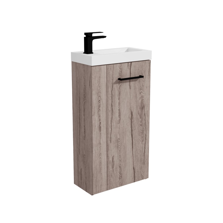 Cloakroom Suite with Wood Effect Freestanding Vanity Unit Black Handle and Corner Close Coupled Toilet - Virgo