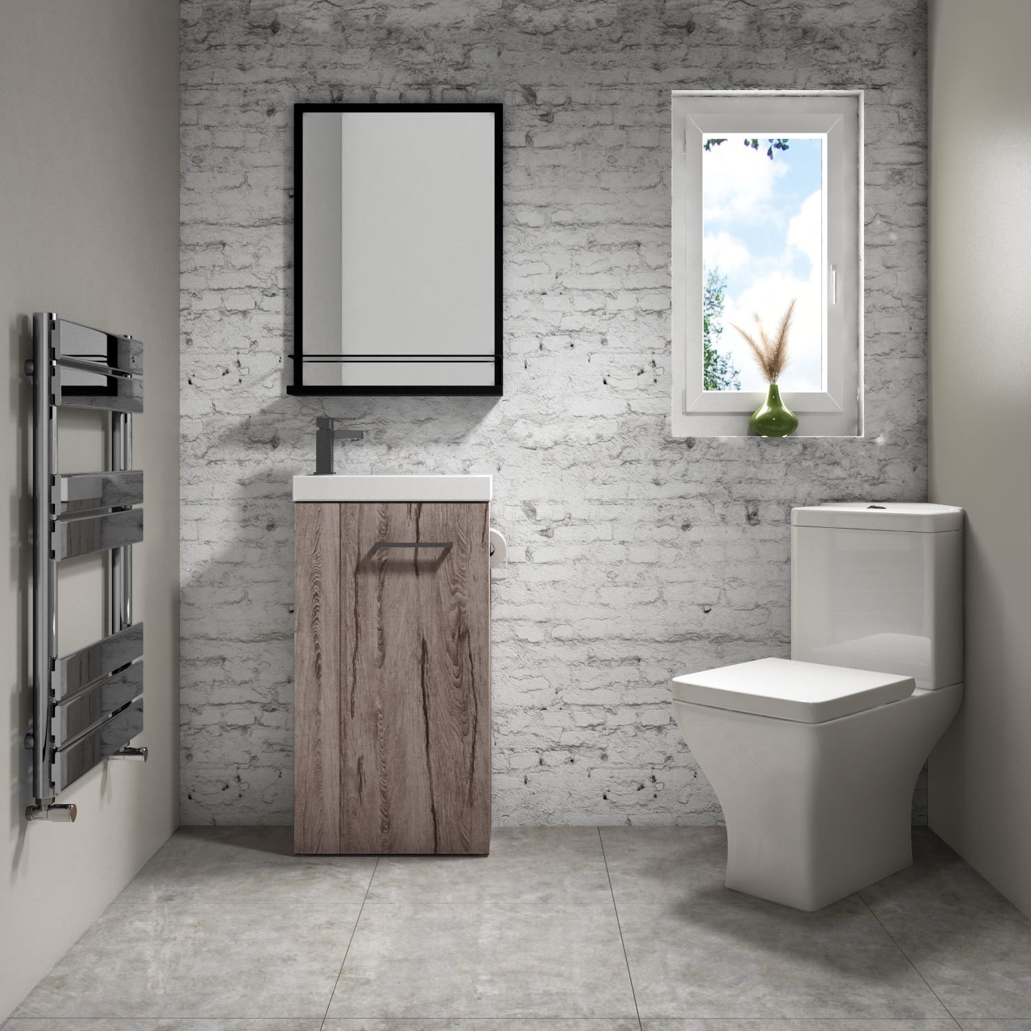 Cloakroom Suite with Wood Effect Freestanding Vanity Unit Chrome Handle and Corner Close Coupled Toilet - Virgo