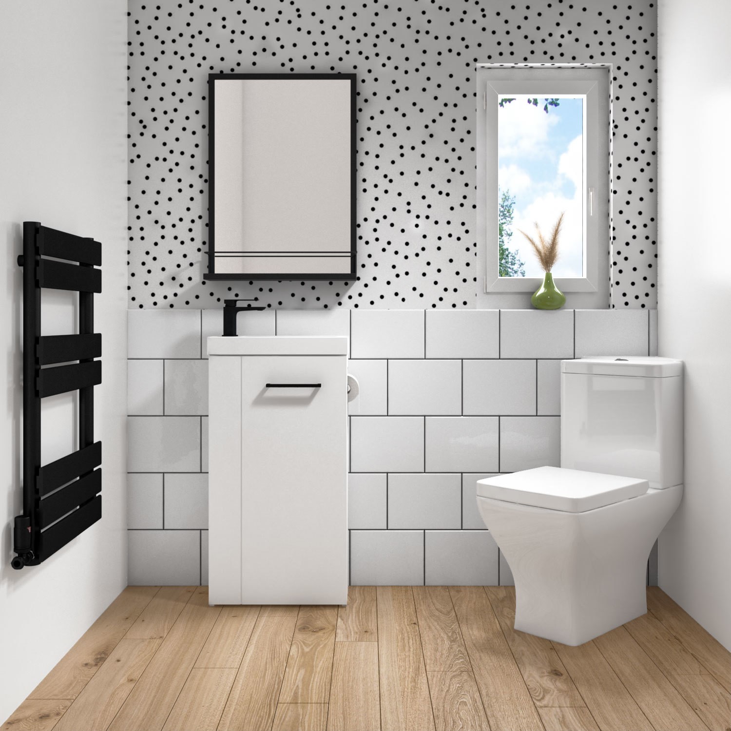 Cloakroom Suite with White Freestanding Vanity Unit Black Handle and Corner Close Coupled Toilet - Virgo