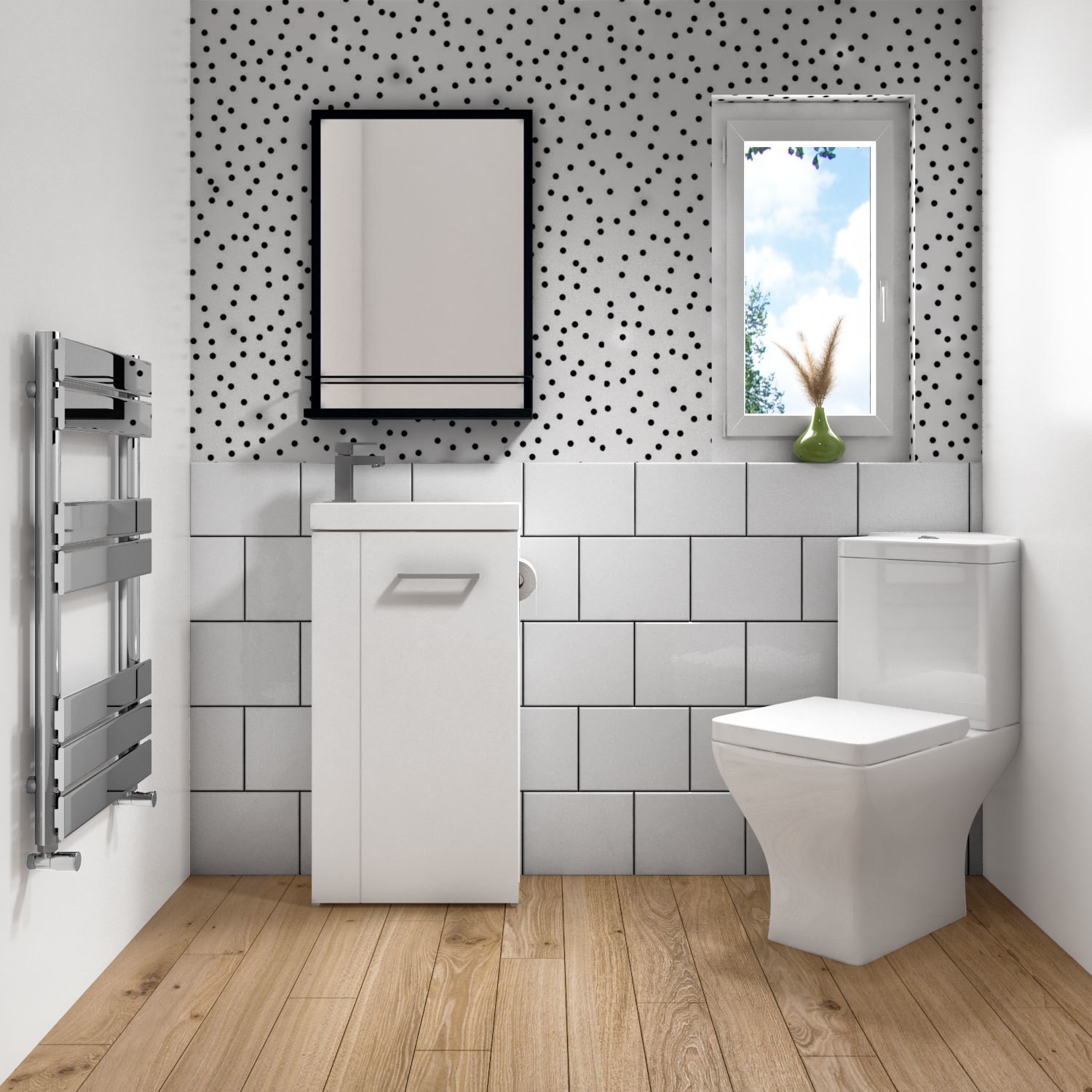Cloakroom Suite with White Freestanding Vanity Unit Chrome Handle and Corner Close Coupled Toilet - Virgo