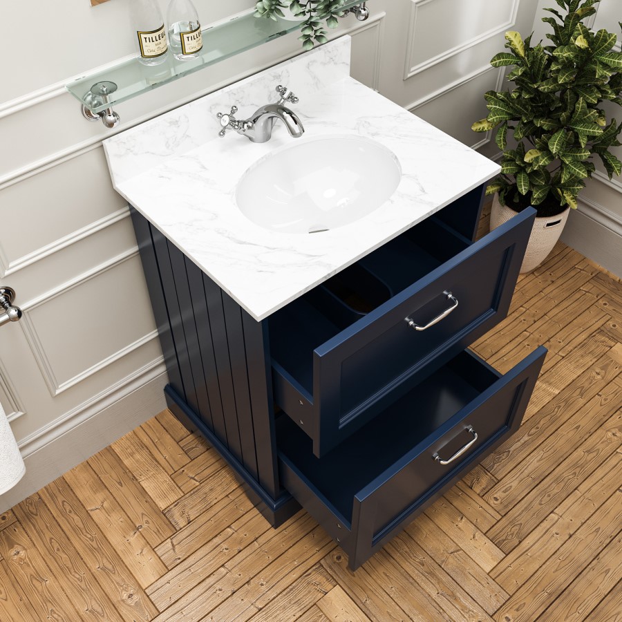 Grade A1 - 600mm Blue Freestanding Marble Top Vanity Unit - Ashbourne