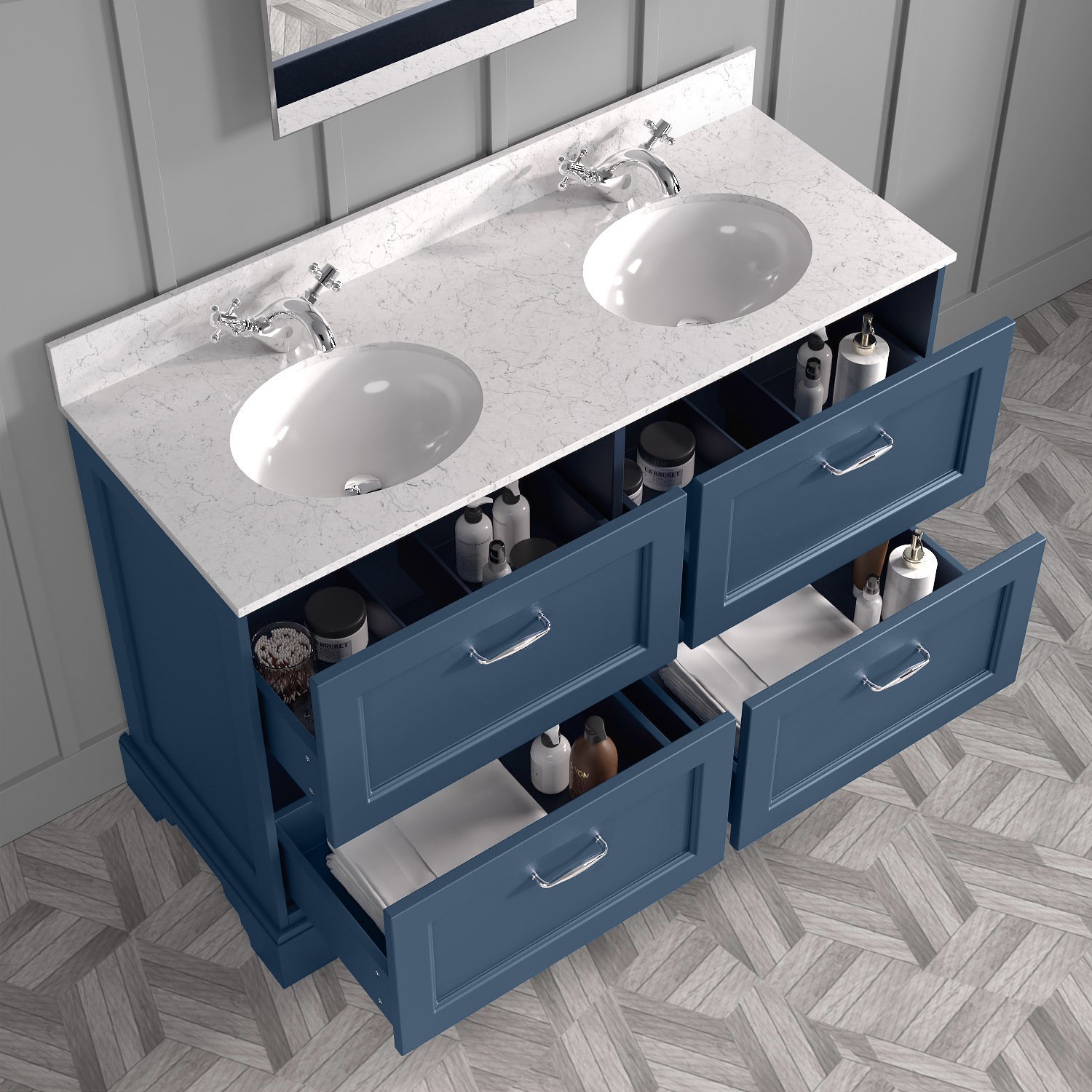 Graded A1 1200mm Blue Freestanding Marble Top Double Vanity Unit Ashbourne Better Bathrooms