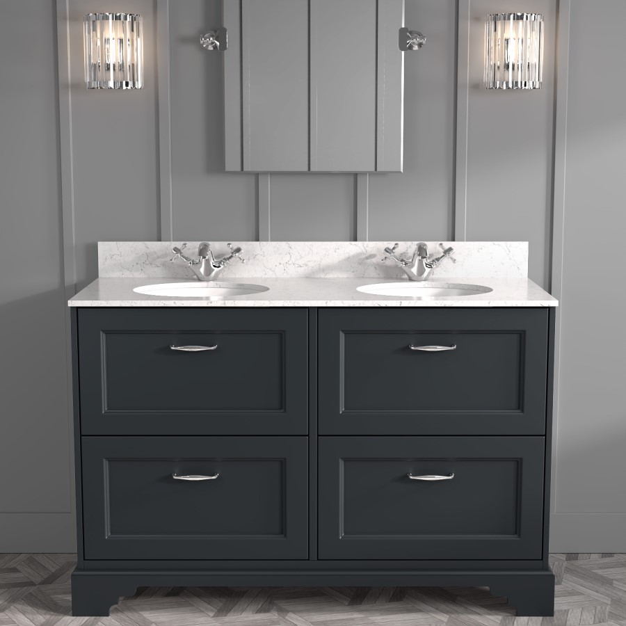 Grade A1 - 1200mm Dark Grey Freestanding Marble Top Double Vanity Unit - Ashbourne
