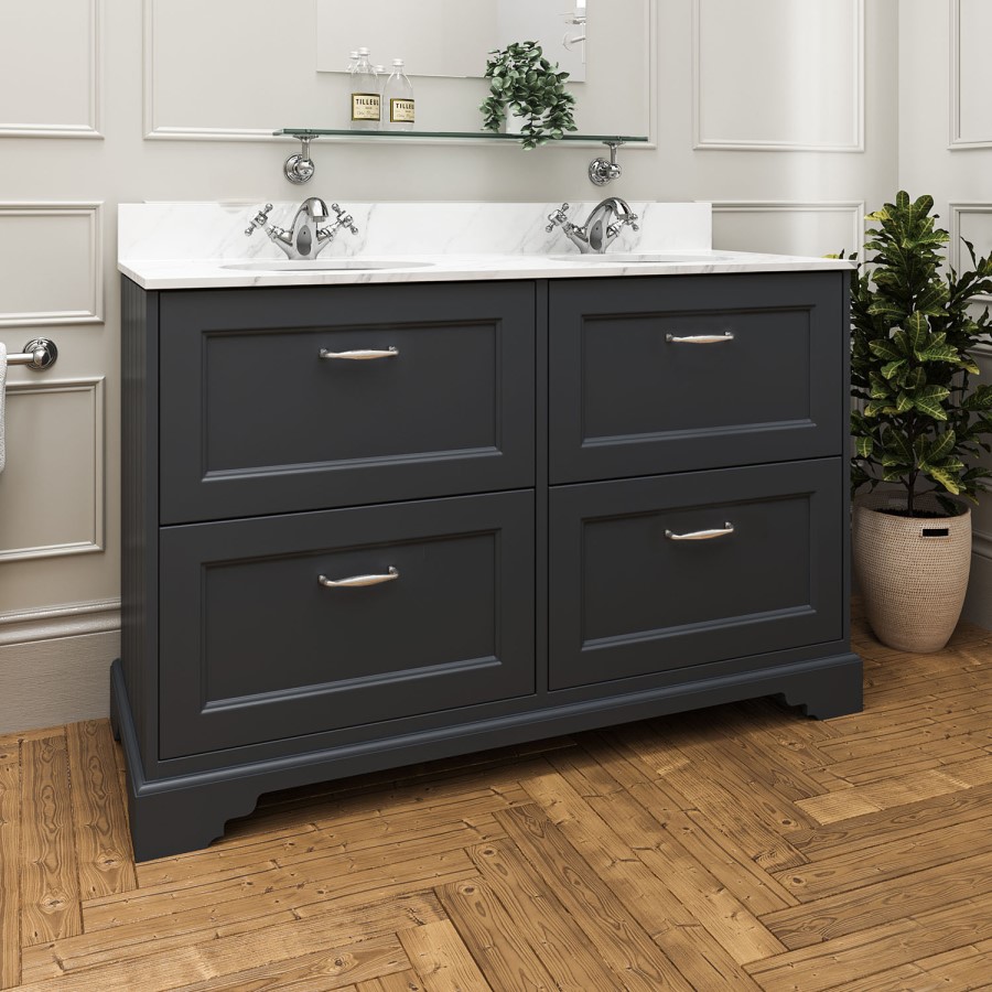 1200mm Anthracite Freestanding Marble Top Double Vanity Unit - Ashbourne