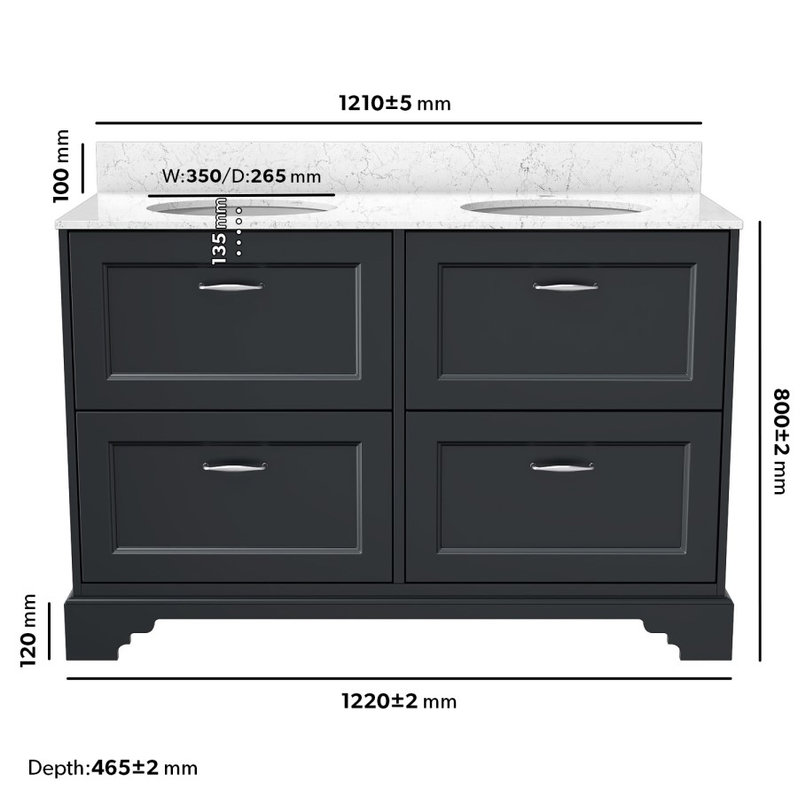1200mm Anthracite Freestanding Marble Top Double Vanity Unit - Ashbourne