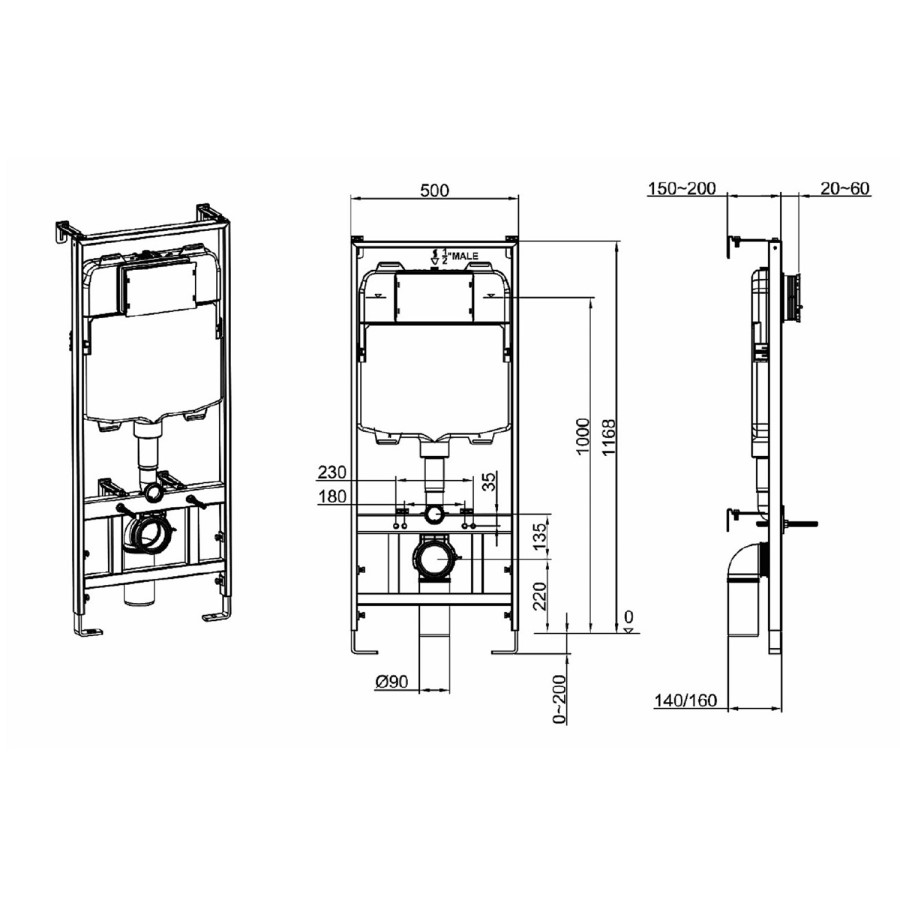 Wall Hung Rimless Toilet with Soft Close Seat and Brushed Brass Mechanical Flush Plate, 1168mm Frame & Cistern – Boston