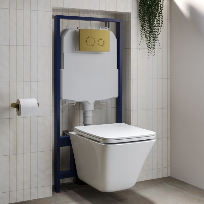 Wall Hung Rimless Toilet  - Includes Cistern Wall Hung Frame Soft Close Seat and Brushed Brass Flush Plate - Boston