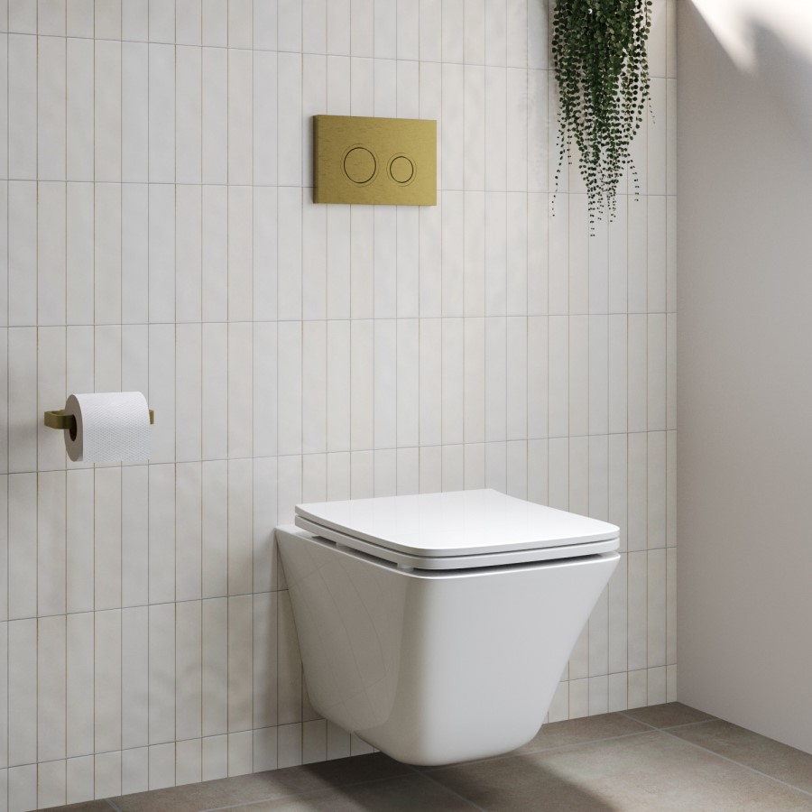 Wall Hung Rimless Toilet with Soft Close Seat and Brushed Brass Mechanical Flush Plate, 1168mm Frame & Cistern – Boston