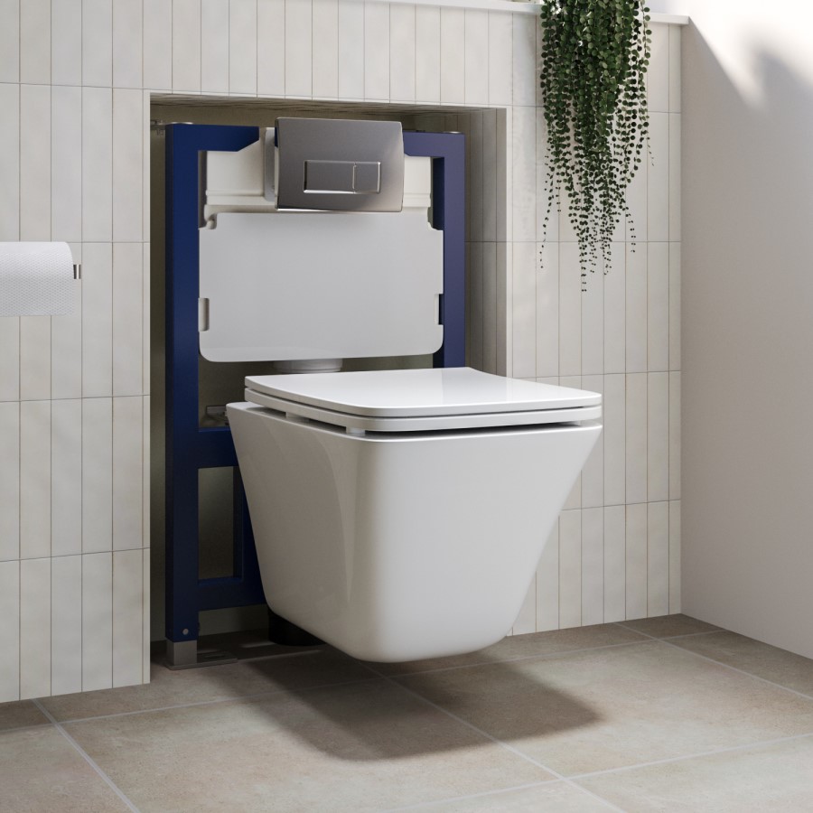 Wall Hung Rimless Toilet with Soft Close Seat and Chrome Pneumatic Flush Plate, 820mm Frame & Cistern – Boston