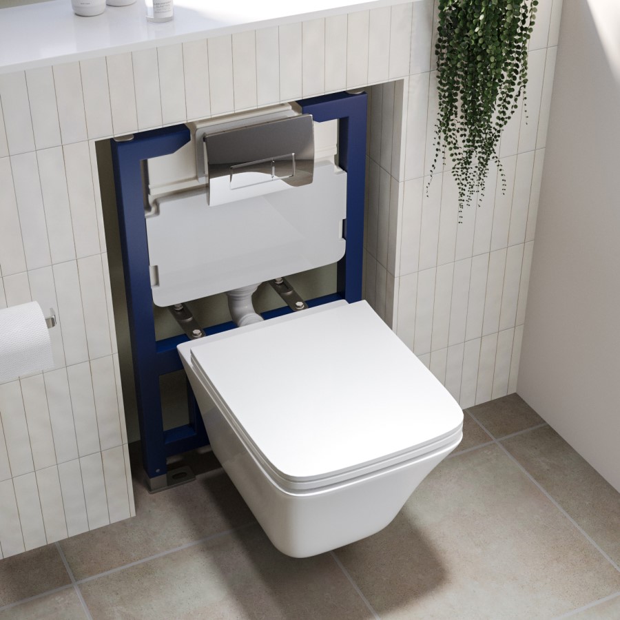 Wall Hung Rimless Toilet with Soft Close Seat and Chrome Pneumatic Flush Plate, 820mm Frame & Cistern – Boston