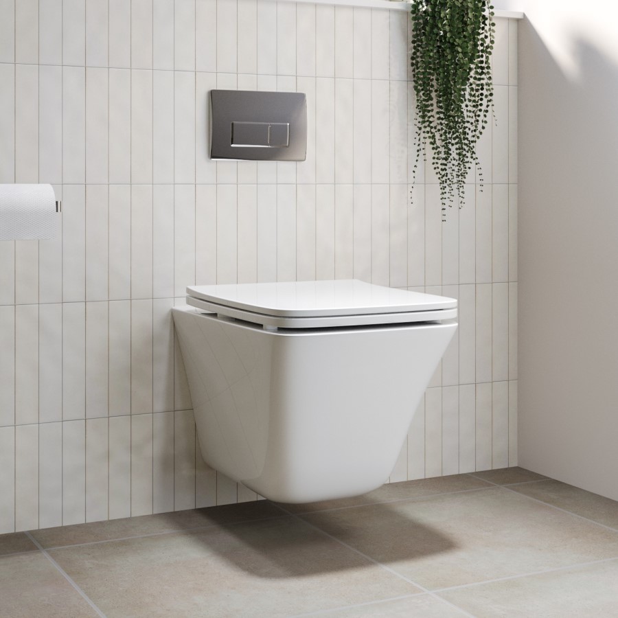 Wall Hung Rimless Toilet with Soft Close Seat and Chrome Pneumatic Flush Plate, 820mm Frame & Cistern – Boston