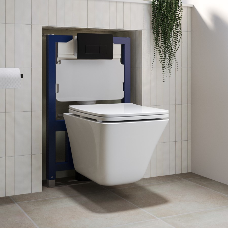 Wall Hung Rimless Toilet with Soft Close Seat and Black Pneumatic Flush Plate, 820mm Frame & Cistern – Boston