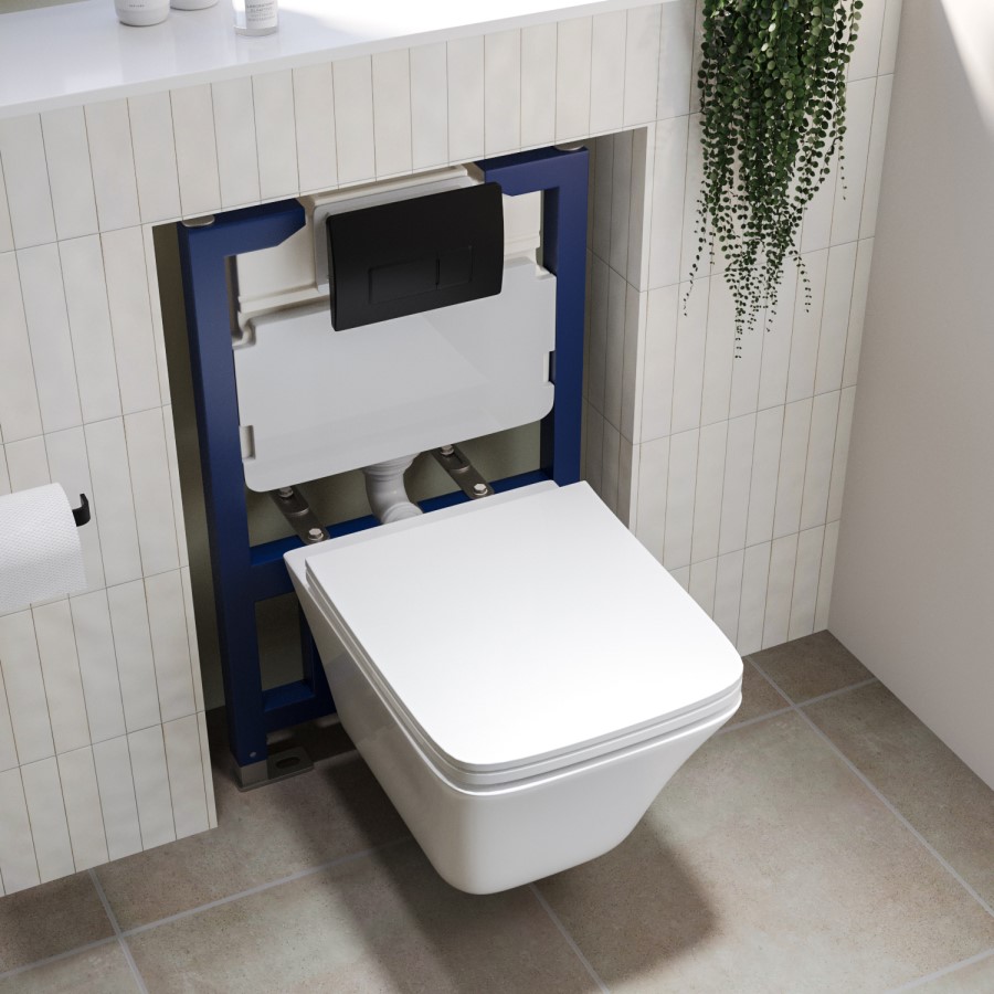 Wall Hung Rimless Toilet with Soft Close Seat and Black Pneumatic Flush Plate, 820mm Frame & Cistern – Boston