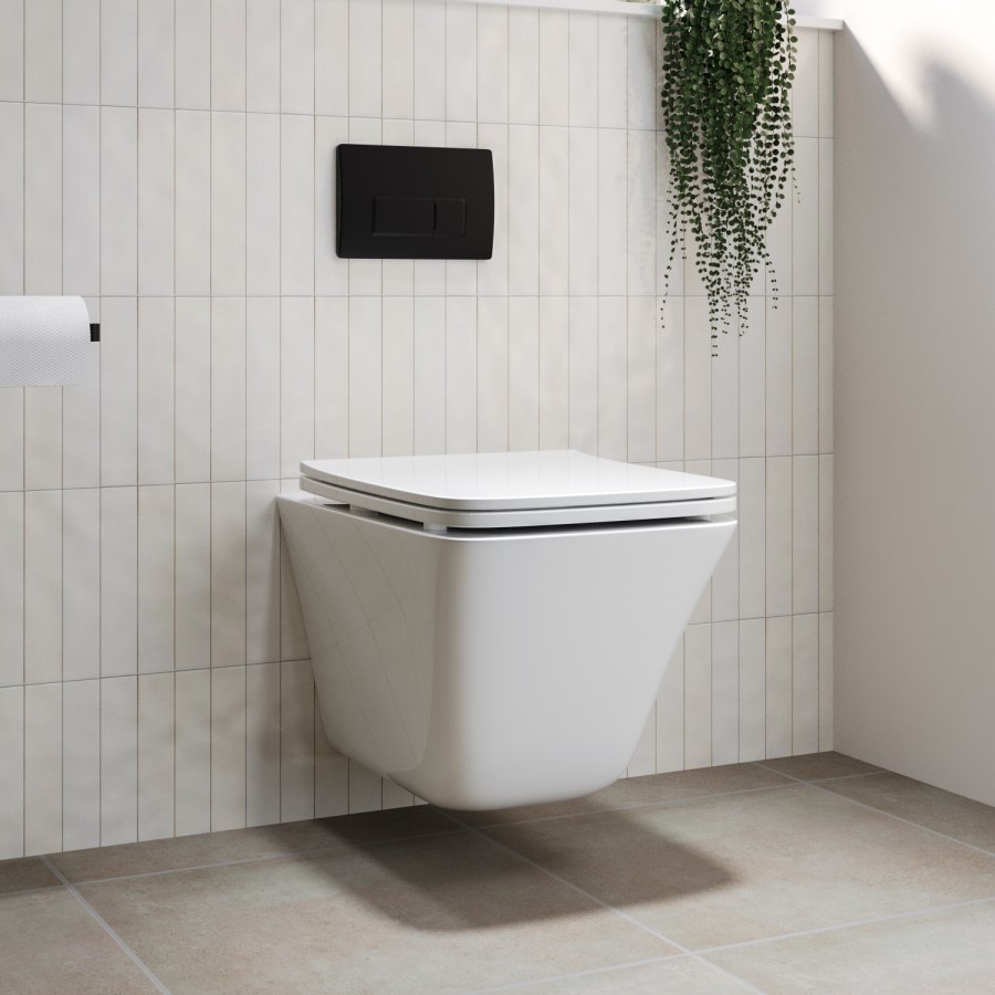 Wall Hung Rimless Toilet with Soft Close Seat and Black Pneumatic Flush Plate, 820mm Frame & Cistern – Boston