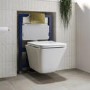 Wall Hung Rimless Toilet with Soft Close Seat and Brushed Brass Pneumatic Flush Plate, 820mm Frame & Cistern – Boston