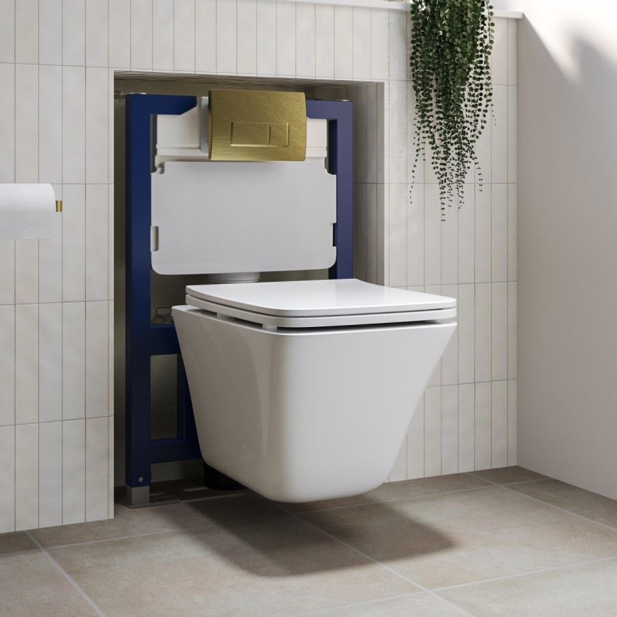 Wall Hung Rimless Toilet with Soft Close Seat and Brushed Brass Pneumatic Flush Plate, 820mm Frame & Cistern – Boston