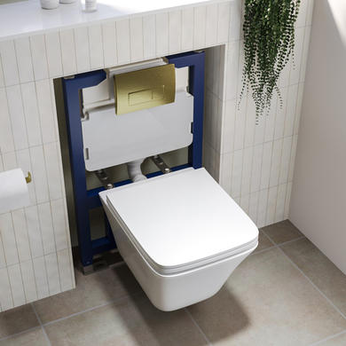 Wall Hung Rimless Toilet with Soft Close Seat and Brushed Brass Pneumatic Flush Plate, 820mm Frame & Cistern – Boston