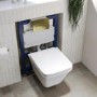 Wall Hung Rimless Toilet with Soft Close Seat and Brushed Brass Pneumatic Flush Plate, 820mm Frame & Cistern – Boston