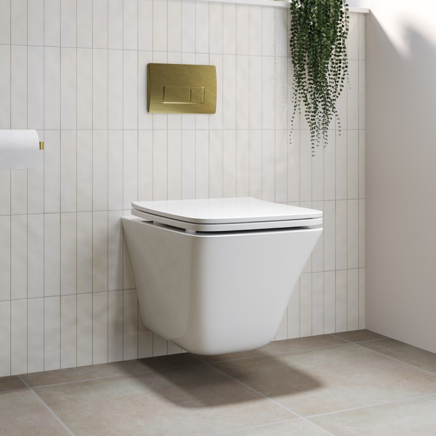 Wall Hung Rimless Toilet with Soft Close Seat and Brushed Brass Pneumatic Flush Plate, 820mm Frame & Cistern – Boston