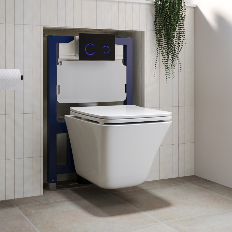 Wall Hung Rimless Toilet with Soft Close Seat and Black Glass Sensor Flush Plate, 820mm Frame & Cistern – Boston