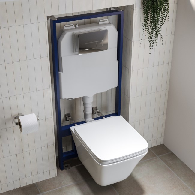 Wall Hung Toilet with Soft Close Seat Chrome Pneumatic Flush Plate