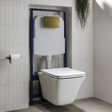 Wall Hung Toilet with Soft Close Seat Brushed Brass Pneumatic Flush Plate 1160mm Frame & Cistern - Boston