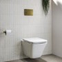 Wall Hung Toilet with Soft Close Seat Brushed Brass Pneumatic Flush Plate 1160mm Frame & Cistern - Boston