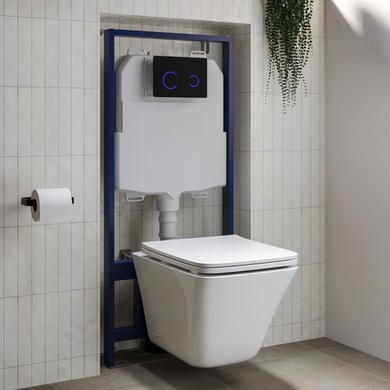 Wall Hung Toilet with Soft Close Seat Black Glass Sensor Pneumatic Flush Plate 1160mm Frame & Cistern - Boston