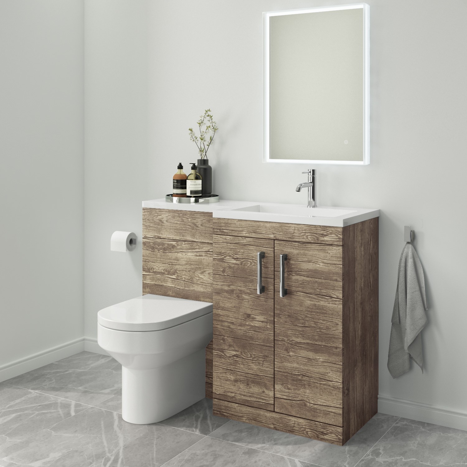 1100mm Wood Effect Toilet and Sink Unit Right Hand with Chrome Fittings ...