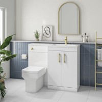 1100mm White Toilet and Sink Unit Right Hand with Square Toilet and Brass Fittings - Ashford 1100mm White Toilet and Sink Unit Right Hand with Square Toilet and Brass Fittings - Ashford